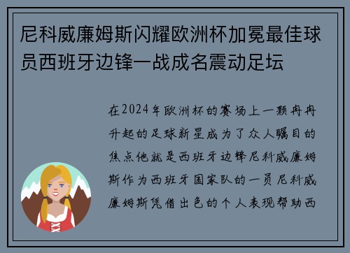 尼科威廉姆斯闪耀欧洲杯加冕最佳球员西班牙边锋一战成名震动足坛