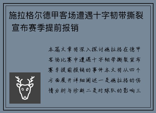 施拉格尔德甲客场遭遇十字韧带撕裂 宣布赛季提前报销